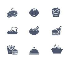 Essen Symbole Satz. Steak Symbol, Baby Essen Symbol, Popcorn Symbol, schnell Essen Symbol, Burger vektor