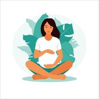 Konzept Schwangerschaft, Mutterschaft. schwangere frau mit naturblättern. vektor