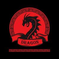 Logo Design Vorlage mit ein Drachen Kopf Symbol im ein Kreis Rand asiatisch Muster. Drachen Kopf Vektor Logo Design Vorlage.