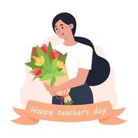 Happy Teacher Day, die Lehrerin hält einen Blumenstrauß in den Händen vektor