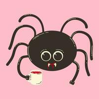 süß Spinne zum Halloween. Vektor Charakter Illustration im eben retro Karikatur Stil. ein komisch Spinne Getränke Blut von ein Tasse.