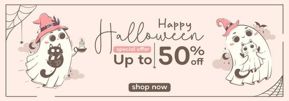 Halloween Promo Verkauf Netz Banner Vorlage mit süß kawaii Geist. Broschüre, Flyer, Rabatt, Besondere Angebot mit kalligraphisch Text. Halloween Charakter Vektor Illustration im Rosa retro Farben.