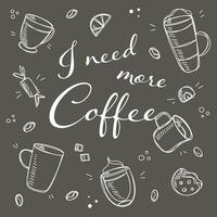 Kaffee und Nachspeisen im Gekritzel Stil gezeichnet mit Kreide auf ein schwarz Tafel. skizzieren von anders Tassen von Kaffee und Cappuccino. Kunst Hintergrund zum Cafe Geschäft, Karte, Banner usw. vektor