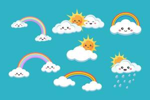 uppsättning av moln Sol och regnbåge tecknad serie platt illustration vektor