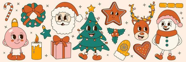 häftig 70s jul klistermärke uppsättning. trendig retro tecknad serie stil. komisk tecknad serie tecken och element. jul träd, snögubbe, pepparkaka, santa vektor