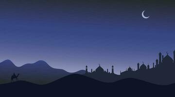 islamisch Hintergrund. abstrakt Moschee. Wüste Illustration Design beim Nacht mit Moschee. Moschee Silhouette Vektor Design. abstrakt Moschee Hintergrund. Moschee Design zum Netz, Vorlage, Banner, Einladung,