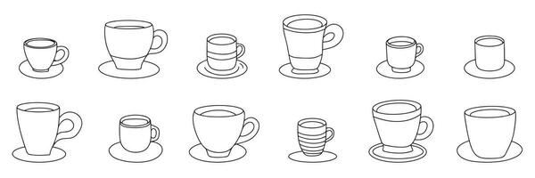 Sammlung Gekritzel Tassen mit Platten. Gliederung Tasse mit Untertassen isoliert auf Weiß Hintergrund Vektor Illustration.
