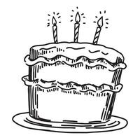födelsedag kaka med ljus hand dragen vektor illustration. firande fest högtider attribut översikt ClipArt isolerat på vit bakgrund.
