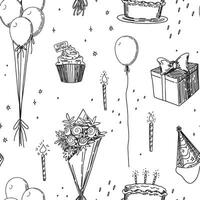 Geburtstag Party Vektor nahtlos Muster. Gliederung Abbildungen von Kuchen, Kerzen, Geschenk, Strauß, Luftballons. retro Stil Ornament.