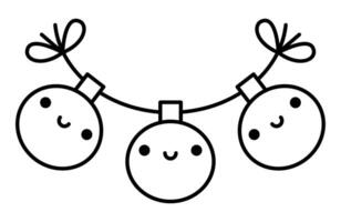 Vektor schwarz und Weiß kawaii klimpern Glocken. süß Weihnachten Ornament Charakter Illustration isoliert auf Weiß Hintergrund. Neu Jahr oder Winter lächelnd Baum Dekoration. komisch Linie Symbol, Färbung Seite