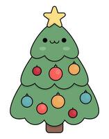 Vektor farbig kawaii Weihnachten Baum mit Stern. süß Tanne Baum Charakter Illustration isoliert auf Weiß Hintergrund. Neu Jahr oder Winter lächelnd Symbol. komisch Karikatur Urlaub Symbol