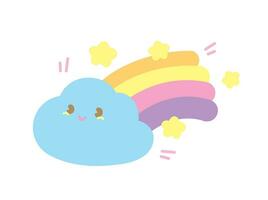 süß kawaii Wolke mit Regenbogen Schwanz und Sterne Karikatur Grafik Vektor Element