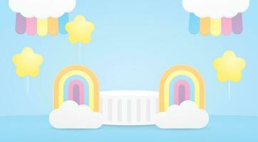 süß kawaii Stil Produkt Anzeige mit Regenbogen und Wolke und Star Luftballons 3d Illustration Vektor zum Putten Objekt