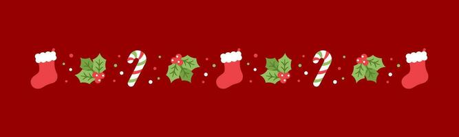 Weihnachten thematisch dekorativ Rand und Text Teiler, Weihnachten Strumpf, Süßigkeiten Stock und Mistel Muster. Vektor Illustration.