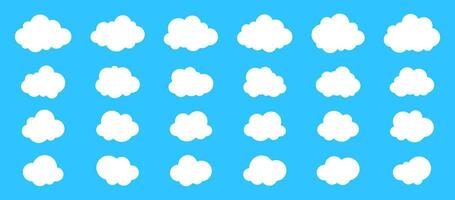 stor uppsättning av fluffig moln ikoner i platt stil isolerat på blå bakgrund. moln vektor samling.