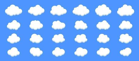 uppsättning av tecknad serie moln. fluffig moln samlingar i platt stil isolerat på blå bakgrund. vektor
