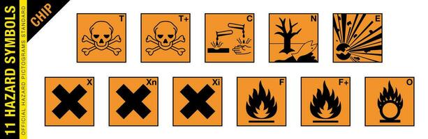 voll einstellen von 11 isoliert gefährlich Material Zeichen. Chemikalien Gefahr Information und Verpackung zum liefern Chip. Hazmat isoliert Plakate. offiziell Gefahr Piktogramme Standard. vektor