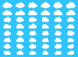 groß einstellen von flauschige Wolken und mit eben Unterseite Wolke Symbole im eben Stil isoliert auf Blau Hintergrund. Wolke Vektor Sammlung.