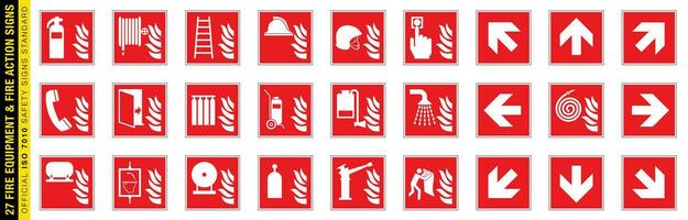 full uppsättning av 27 isolerat brand Utrustning och brand verkan tecken på röd styrelse. officiell iso 7010 säkerhet tecken standard. vektor