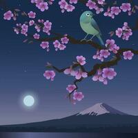 realistisk grafik av uguisu och sakura på en bakgrund av fuji. japansk näktergal på en gren av blomstrande körsbär. vektor illustration av buske wabler. fudjiyama i de måne.