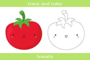 lehrreich Arbeitsblatt Spur und Farbe süß kawaii Tomate. vektor