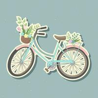 süß Fahrrad mit bunt Blumen und Korb. Aufkleber retro Fahrrad, Korb mit Blumen und Pflanzen. Vektor Illustration