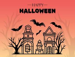 glücklich Halloween Poster mit Schloss, Schläger, Baum. Vektor einfarbig Illustration. Platz zum Text. Broschüre Rahmen