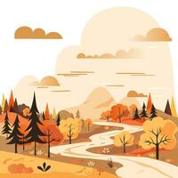 Vektor Abbildungen von Herbst Natur, saisonal Landschaft, Berge, Bäume, Fluss, Straße, Felder zum Hintergrund oder Banner