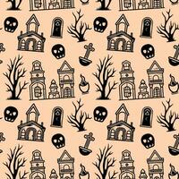 Halloween Muster mit Schloss, Baum, Schädel. einfarbig Halloween Hintergrund, Vektor nahtlos Muster.
