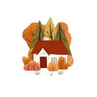 Szene mit Herbst Bäume und Gebüsch und Haus. Landschaft Landschaft. isoliert auf Weiß Hintergrund. Herbst Natur. Lager eben Vektor Illustration