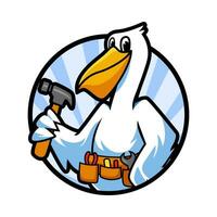 pelikan djur- tecknad serie maskot innehav hammare och bär verktyg bälte. maskot för snickare, byggare, konstruktion, underhåll. grafisk vektor illustration.