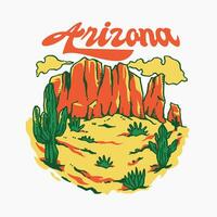 Arizona Text mit Wüste Aussicht Hand gezeichnet Illustration mit Hügel und Gras, Kaktus Pflanze. geeignet zum T-Shirt Design, Fan-Shop, Aufkleber, usw. Vektor Grafik.