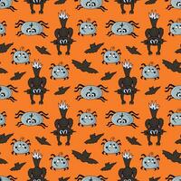 sömlös halloween mönster på ett orange bakgrund - svart katt, fladdermöss och spindlar. vektor klotter tecknad serie illustration