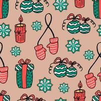 nahtlos Weihnachten Muster - - Geschenke, Lebkuchen Kekse, Kerzen, Fäustlinge, Weihnachten Bälle. Vektor Illustration Gekritzel Neu Jahr Urlaub Pulver Hintergrund