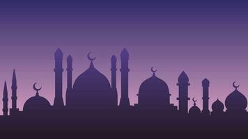 moské landskap vektor illustration. moskéer byggnad silhuett för eid mubarak hälsning kort. ramadan design grafisk i muslim kultur och islam religion. stadsbild av islamic dyrkan plats