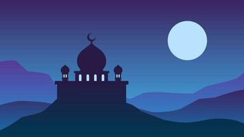 moské silhuett landskap på natt vektor illustration. moské i de natt himmel med måne för eid mubarak. ramadan design grafisk i muslim kultur och islam religion