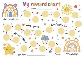 druckbar Regenbögen Belohnung Diagramm, Kleinkind Töpfchen Diagramm, Kinder Verhalten Diagramm. Aufkleber Diagramm zum Kinder. Belohnung System. Kleinkind Routine. vektor