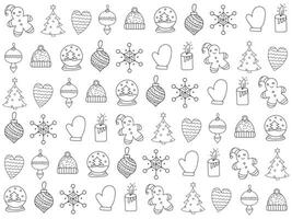 jul ornament uppsättning med snöflingor, hattar, stjärna, jul träd, bollar, orange, strumpa, gåva, dryck och girlanger. vektor