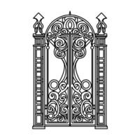 antik metall Port. svart på vit skiss av dekorerad järn bi-faldigt trädgård dörrar. kyrka Port med rullar och löv. vektor