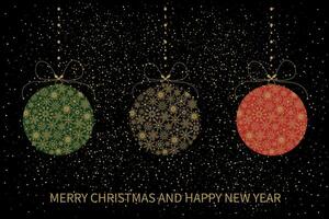 festlig jul kort med jul bollar tillverkad av snöflingor. glad jul och Lycklig ny år hälsning kort. vektor illustration