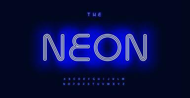 Blau Neon- Alphabet, leuchtend beschwingt Schrift, Nachtleben elektrisierend glühen. Schriftart zum Verein Logos, Kasino Zeichen, fesselnd Schlagzeilen. Vektor setzen