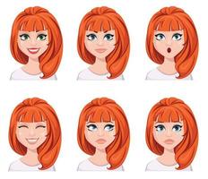 Gesichtsausdrücke einer rothaarigen Frau. verschiedene weibliche Emotionen, eingestellt. vektor