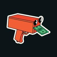 rolig häftig retro ClipArt leksak pistol med dollar räkningen vektor