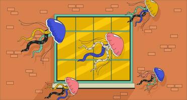 Qualle schwebend Fenster surreal 2d linear Illustration Konzept. träumend surrealistisch Karikatur Szene Hintergrund. Gelee Meduse durch Wohnung Außen Metapher abstrakt eben Vektor Gliederung Grafik