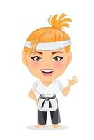 Karate-Frau im Kimono. lächelnde lustige Zeichentrickfigur vektor