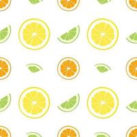 süßes nahtloses Muster von Zitrusfrüchten. Zitronen-, Orangen- und Limettendruck vektor
