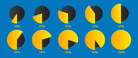 Satz von Tortendiagrammen von 10 bis 100 Prozent im flachen Stil für Infografiken vektor