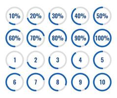 Satz Kreisprozentsatz und Countdown-Diagramm 10-100 Prozent 1-10. vektor