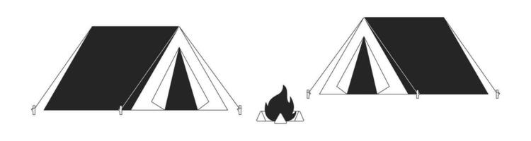 camping tält med bål svart och vit tecknad serie platt illustration. campingplats rekreation 2d linjekonst objekt isolerat. vandring läger. campingplats fritid. zelten läger svartvit scen vektor översikt bild