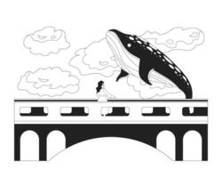 fliegend Wal über Brücke mit Frau schwarz und Weiß 2d Illustration Konzept. Fee Geschichte Fantasie Tier isoliert Karikatur Gliederung Charakter. Buckel Wal im Wolken Himmel Metapher einfarbig Vektor Kunst